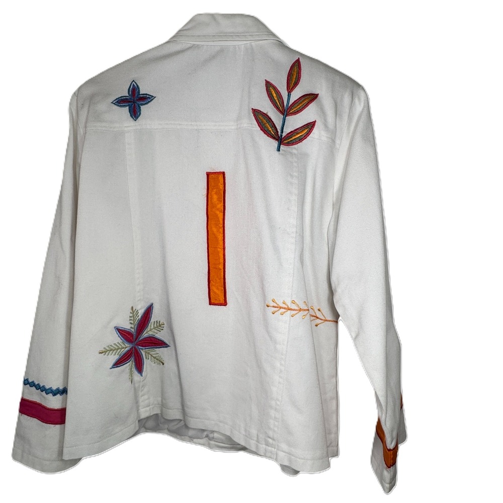 Variations White Embroidered Denim Jacket Womens Large Floral‎ Applique Buttons - Picture 2 of 15